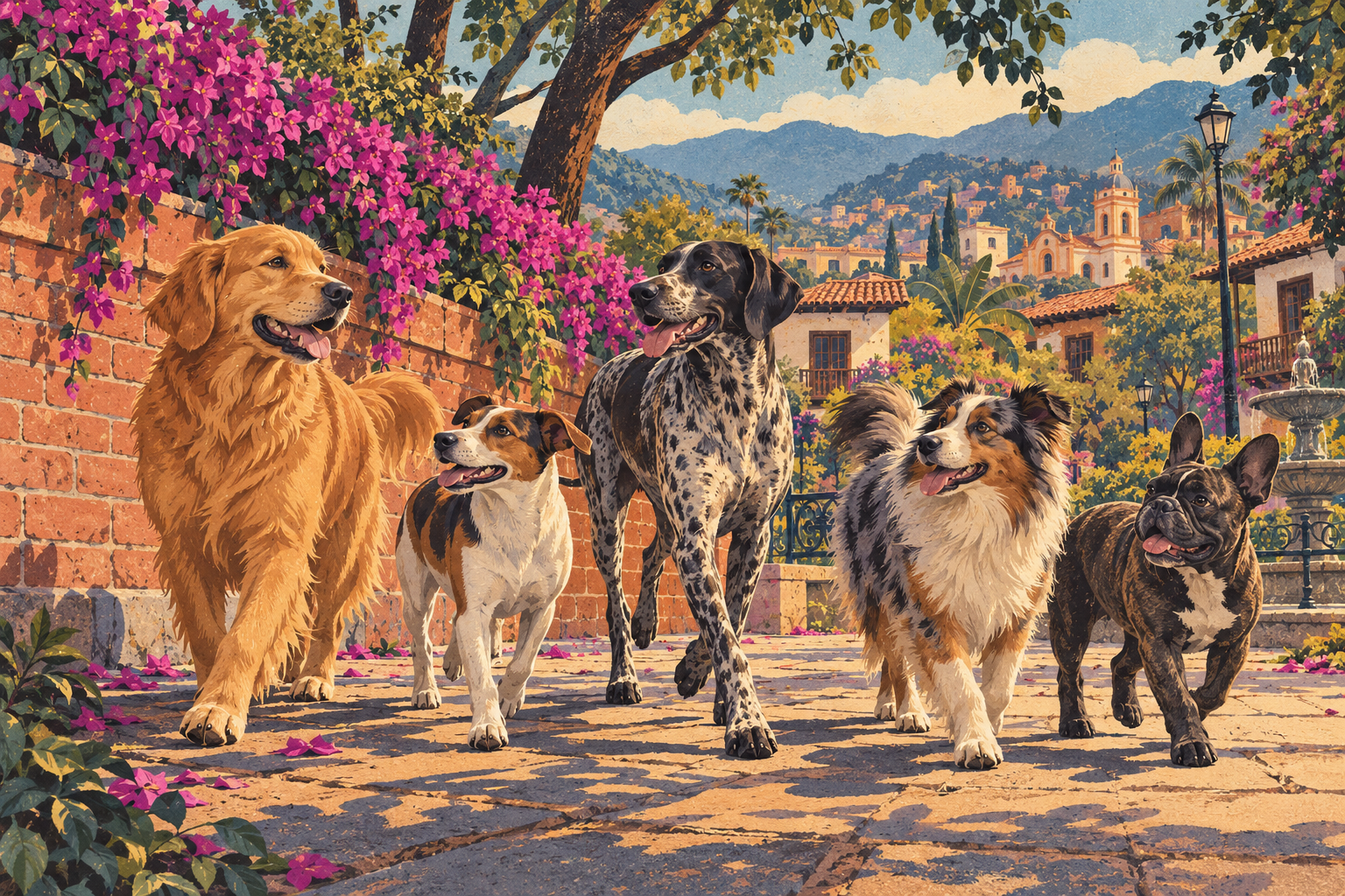 Cinco perros pasean por un parque de barrio con árboles y flores