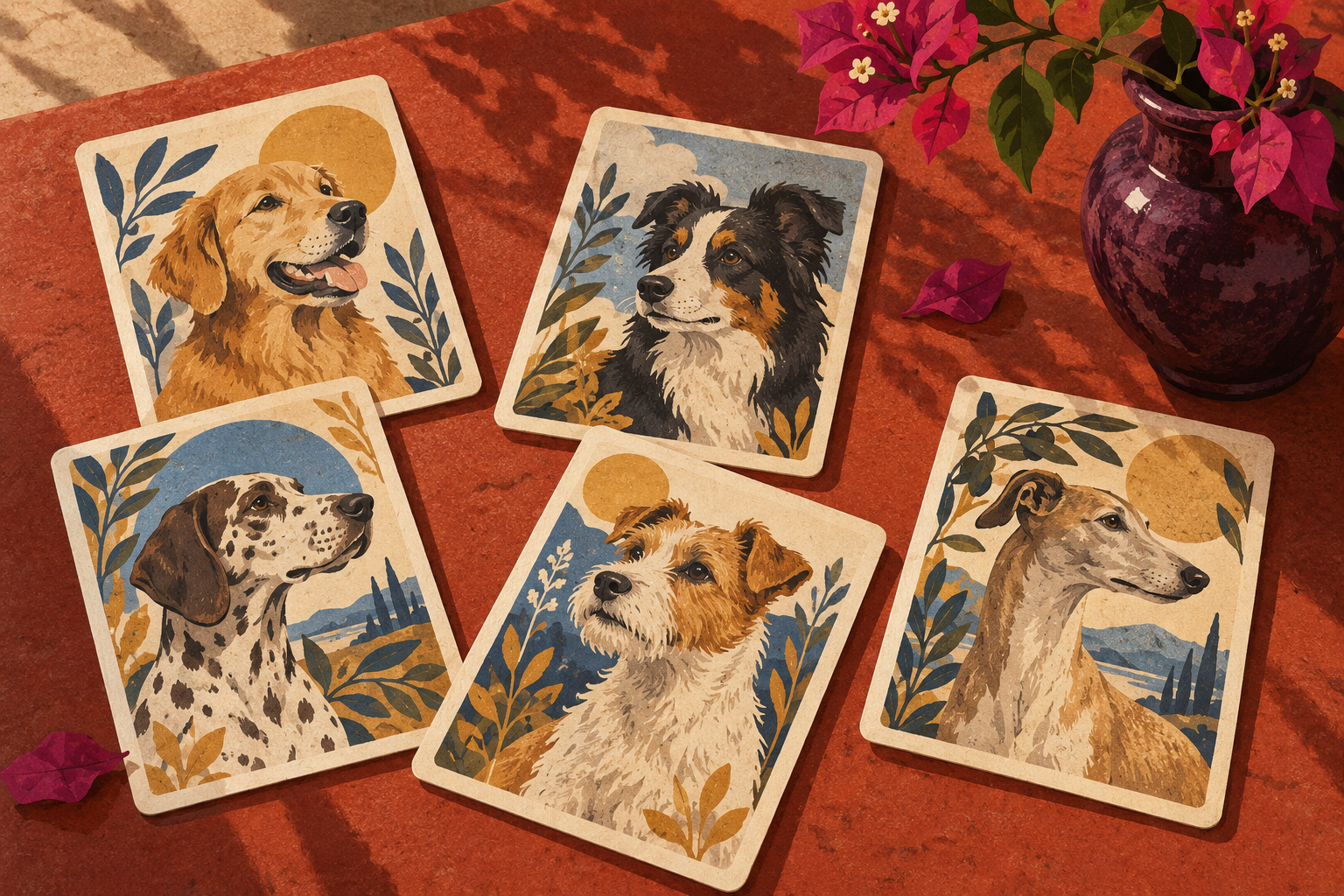 Tarjetas con retratos de perros sobre una mesa de terracota